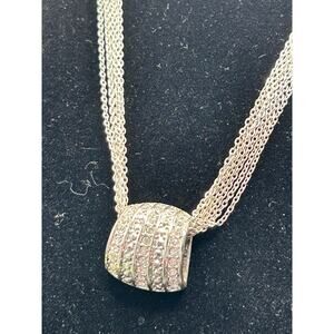 Glam Silver Tone Multi Strand Chain Necklace LRG Crystal Encrusted Slide Pendant